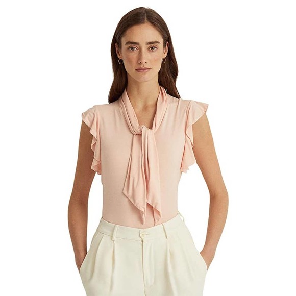 Lauren Ralph Lauren Women's Ruffle-Sleeve Tie-Neck Top in Pale Pink, NWT - Picture 1 of 3